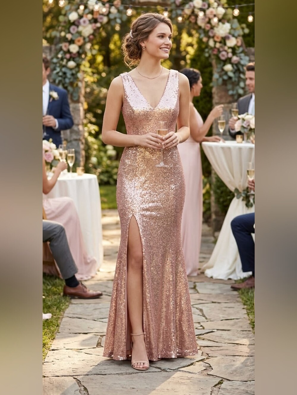 Dress the Population NWT Sandra Sequin Mermaid Gown Side Slit Rose Pink Size XS
